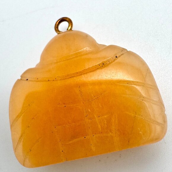Vintage Hand-Carved Orange Butterscotch Jade Laughing Buddha Pendant 7/8" - Picture 4 of 8